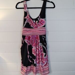 J.F.W. black and shades of pink & purple floral & geometric patterned mini dress